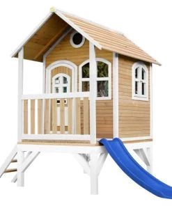 Axi Mobilier De Jardin Enfant Cabane Brun/blanc Avec Toboggan Bleu