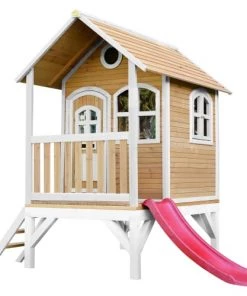 Axi Mobilier De Jardin Enfant Cabane Brun/blanc Avec Toboggan Rouge