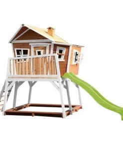 Axi Mobilier De Jardin Enfant Cabane De En Bois Brun/blanc Et Toboggan Vert Citron