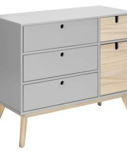 Altobuy Commodes Enfant Commode 1 Porte 4 Tiroirs Bois Naturel Et Gris
