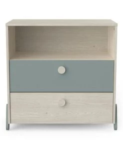 Calicosy Commodes Enfant Commode Enfant 2 Tiroirs 1 Niche - Vert De Gris Et Bois Clair