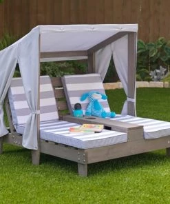 KidKraft Mobilier De Jardin Enfant Double Chaise Longue Enfant Avec Coussins Rayés Gris Et Blanc -Commodes enfant Soldes 2022 double chaise longue enfant avec coussins rayes gris et blanc 3