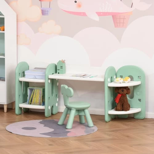 Homcom Tables Et Chaises Enfant Ensemble Bureau, Chaise Et Bibliothèque Pour Enfant Vert D'eau Blanc 4 Homcom Tables Et Chaises Enfant Ensemble Bureau, Chaise Et Bibliothèque Pour Enfant Vert D'eau Blanc – Image 2