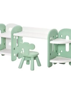 Homcom Tables Et Chaises Enfant Ensemble Bureau, Chaise Et Bibliothèque Pour Enfant Vert D'eau Blanc