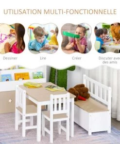 Homcom Tables Et Chaises Enfant Ensemble De Table Et Chaises Enfant De 4 Pièces Blanc Bois Clair -Commodes enfant Soldes 2022 ensemble de table et chaises enfant de 4 pieces blanc bois clair 3