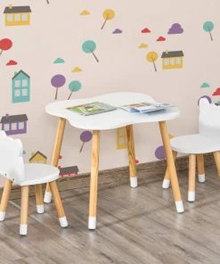Homcom Tables Et Chaises Enfant Ensemble Scandinave Table Et Chaises Enfant Motif Ourson Bois Blanc -Commodes enfant Soldes 2022 ensemble scandinave table et chaises enfant motif ourson bois blanc 3