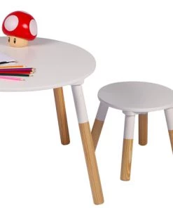 Toilinux Tables Et Chaises Enfant Ensemble Table Et 2 Tabourets Pour Enfants Bois Et Blanc -Commodes enfant Soldes 2022 ensemble table et 2 tabourets pour enfants bois et blanc 2