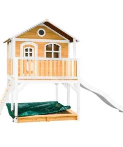 Axi Mobilier De Jardin Enfant Maisonnette En Bois Brun/ Blanc Sur Pilotis Avec Toboggan Blanc