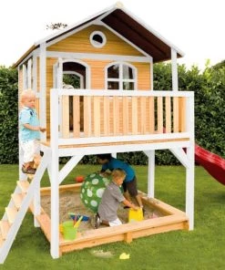 Axi Mobilier De Jardin Enfant Maisonnette En Bois Brun/ Blanc Sur Pilotis Avec Toboggan Rouge -Commodes enfant Soldes 2022 maisonnette en bois brun blanc sur pilotis avec toboggan rouge 3