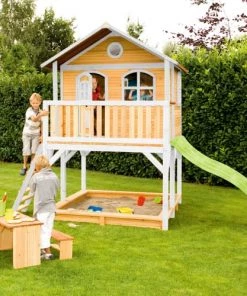 Axi Mobilier De Jardin Enfant Maisonnette En Bois Brun/ Blanc Sur Pilotis Avec Toboggan Vert -Commodes enfant Soldes 2022 maisonnette en bois brun blanc sur pilotis avec toboggan vert 2
