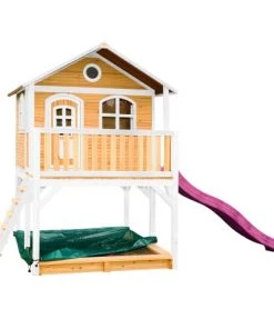 Axi Mobilier De Jardin Enfant Maisonnette En Bois Brun/ Blanc Sur Pilotis Avec Toboggan Violet