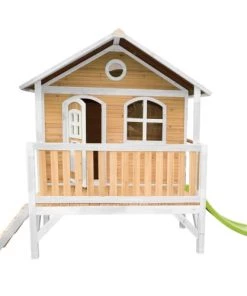 Axi Mobilier De Jardin Enfant Maisonnette Sur Pilotis En Bois Brun/blanc Avec Toboggan Vert
