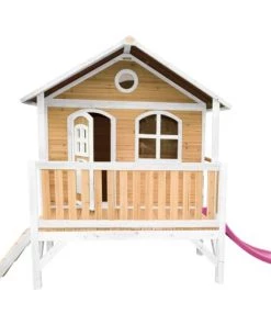 Axi Mobilier De Jardin Enfant Maisonnette Sur Pilotis En Bois Brun/blanc Avec Toboggan Violet