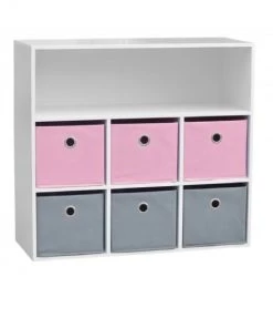 Wadiga Commodes Enfant Meuble De Rangement Chambre Enfant Blanche Avec 6 Paniers Rose Et Gris