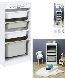Toilinux Commodes Enfant Meuble De Rangement Enfant à 4 Bacs Gris Et Blanc -Commodes enfant Soldes 2022 meuble de rangement enfant a 4 bacs gris et blanc 3